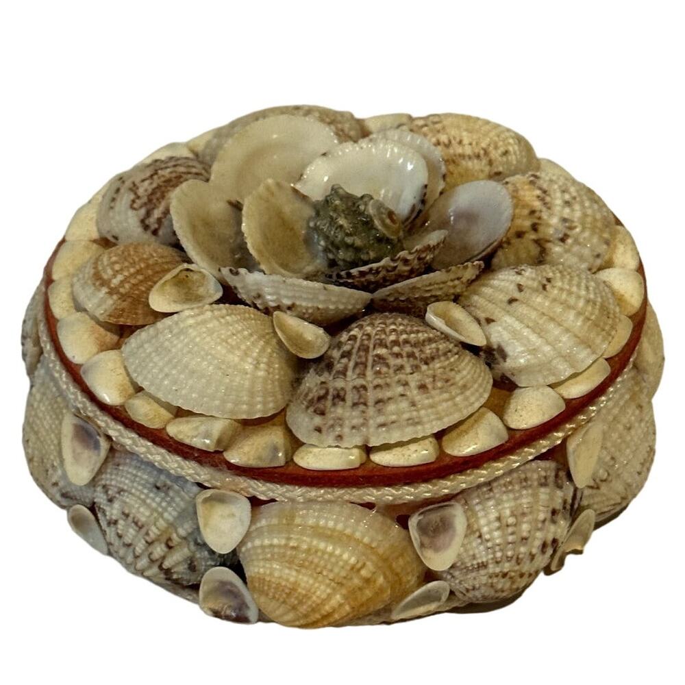Vintage Seashell Round Trinket Box Red Lined Boho Beach Decore Small Flaws